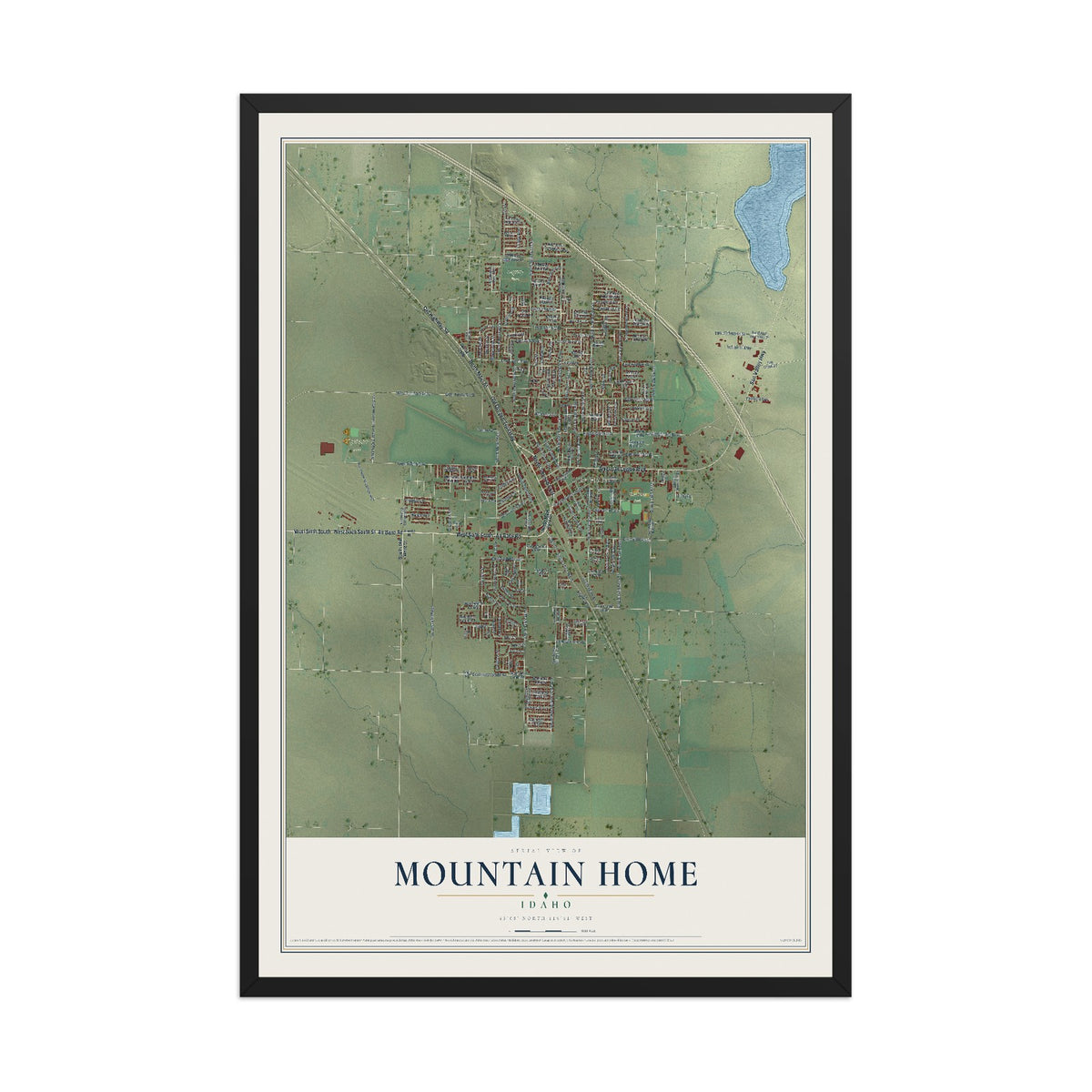 Map of Mountain Home, Idaho, 12 x 18 inch print in a black wood frame