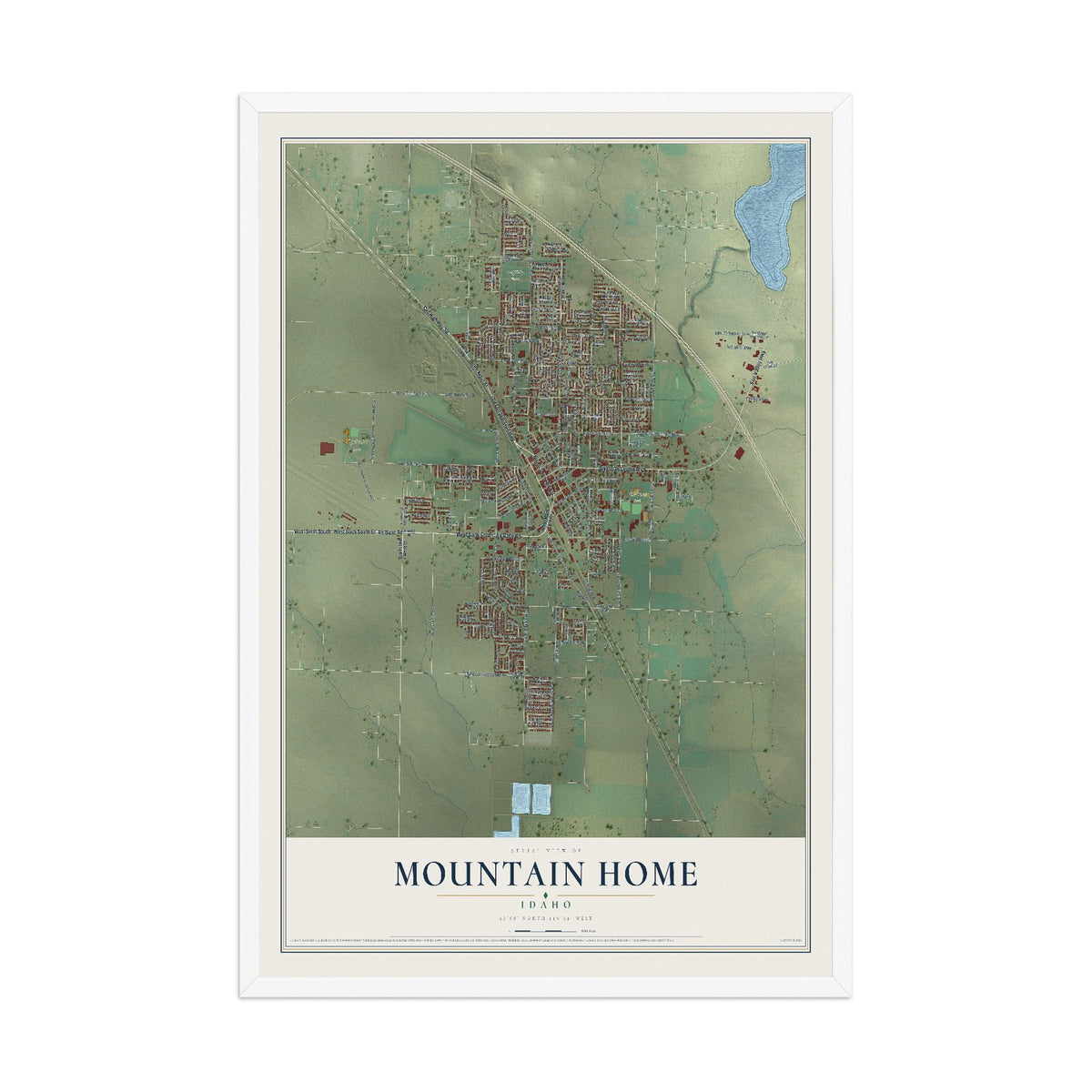 Map of Mountain Home, Idaho, 12 x 18 inch print in a white wood frame