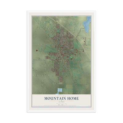 Map of Mountain Home, Idaho, 12 x 18 inch print in a white wood frame