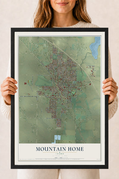 Map of Mountain Home, Idaho, 18 x 24 inch print in a black wood frame
