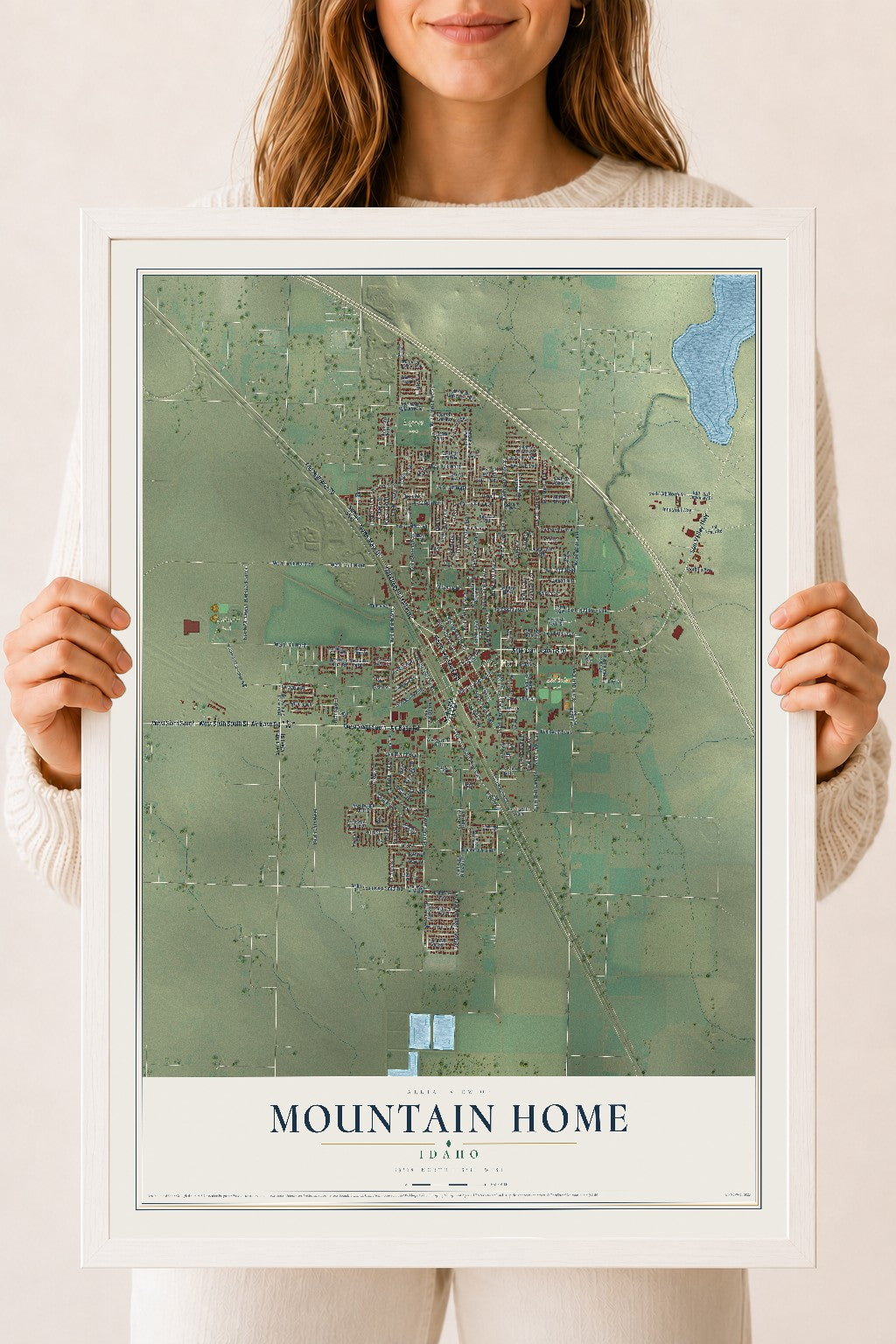 Map of Mountain Home, Idaho, 18 x 24 inch print in a white wood frame