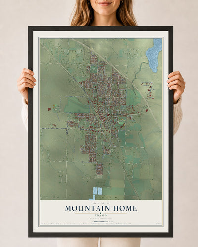 Map of Mountain Home, Idaho, 24 x 36 inch print in a black wood frame