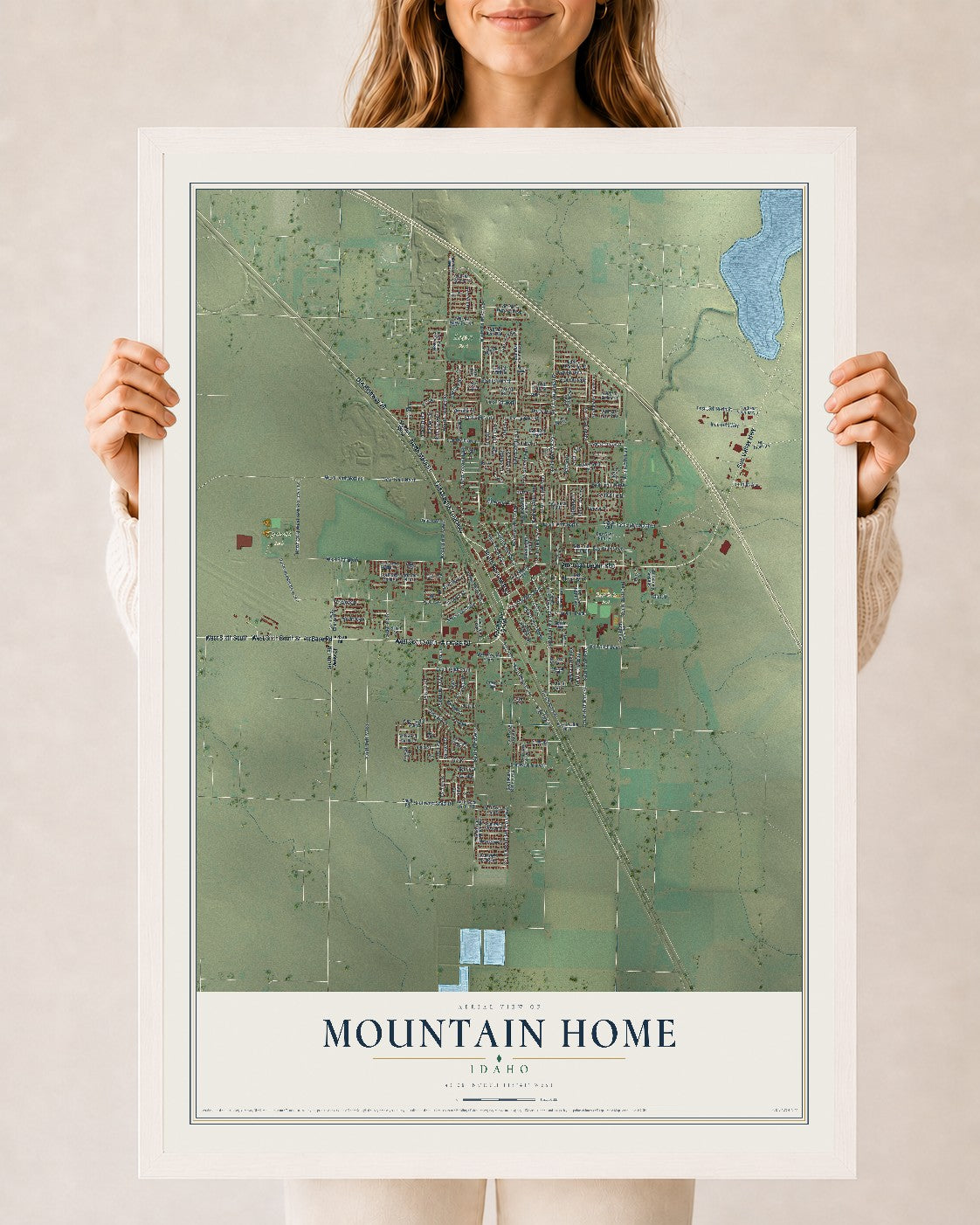 Map of Mountain Home, Idaho, 24 x 36 inch print in a white wood frame