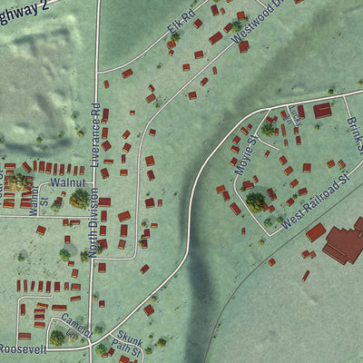 Close-up of the map of Moyie Springs, Idaho print showing street and building detail