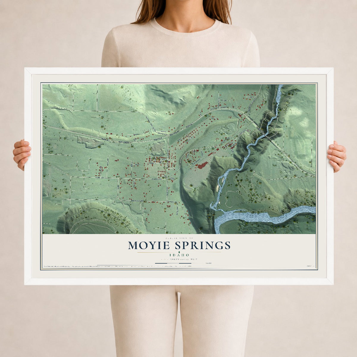 Map of Moyie Springs, Idaho, 24 x 36 inch print in a white wood frame