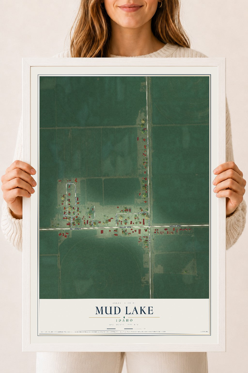 Map of Mud Lake, Idaho, 18 x 24 inch print in a white wood frame