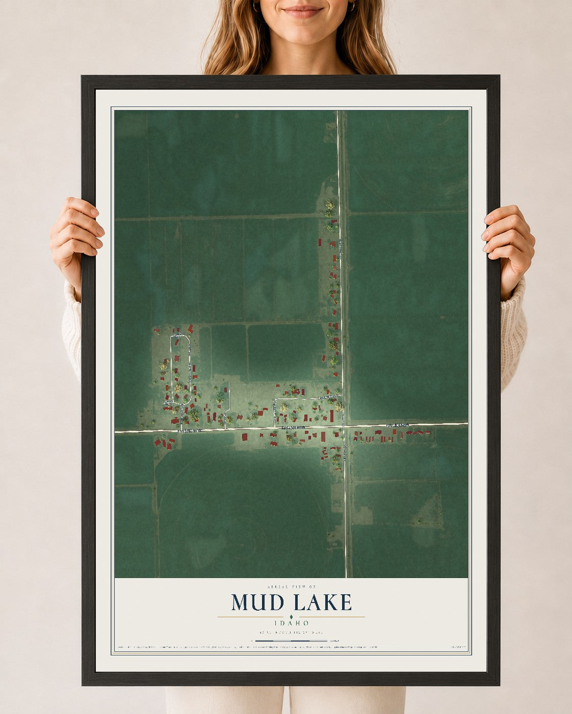 Map of Mud Lake, Idaho, 24 x 36 inch print in a black wood frame