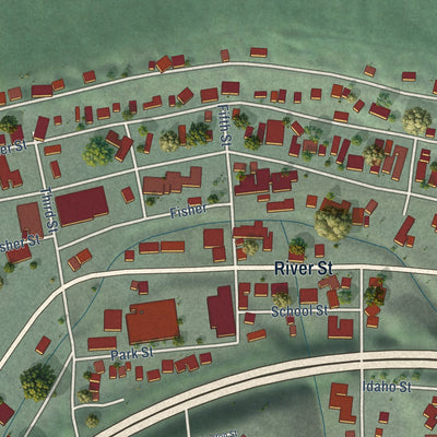 Close-up of the map of Mullan, Idaho print showing street and building detail