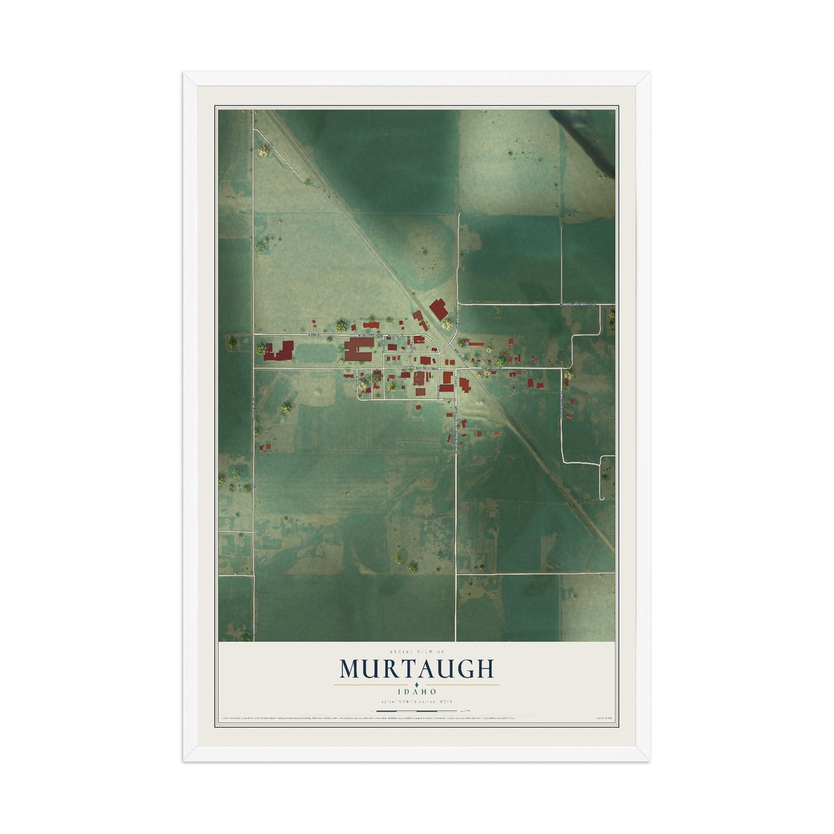 Map of Murtaugh, Idaho, 12 x 18 inch print in a white wood frame