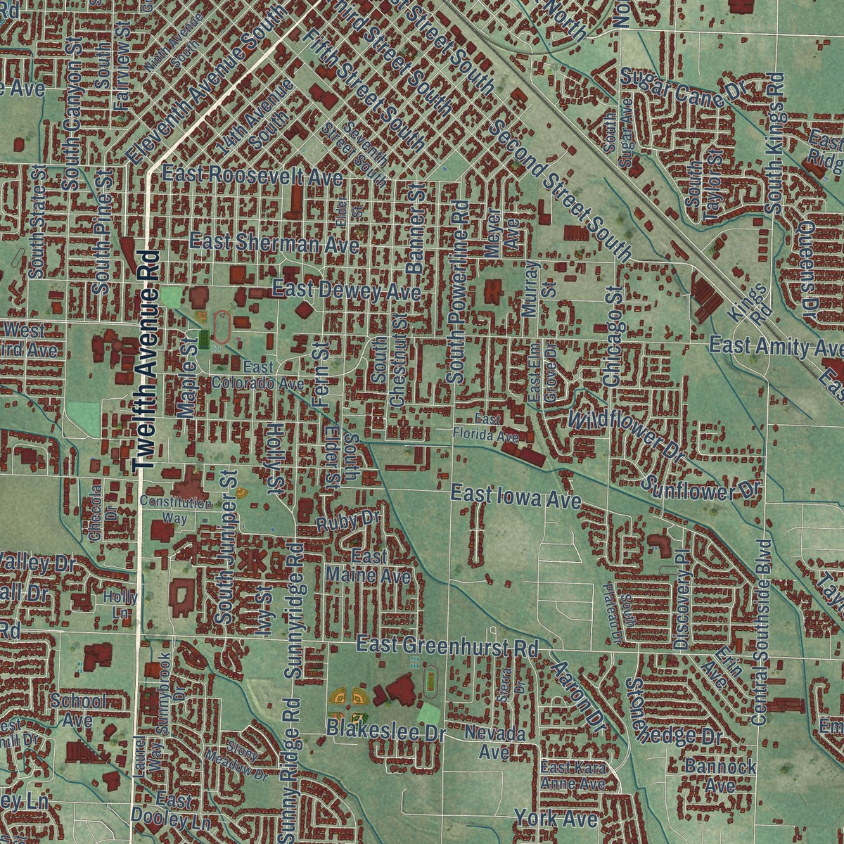 Close-up of the map of Nampa, Idaho print showing street and building detail