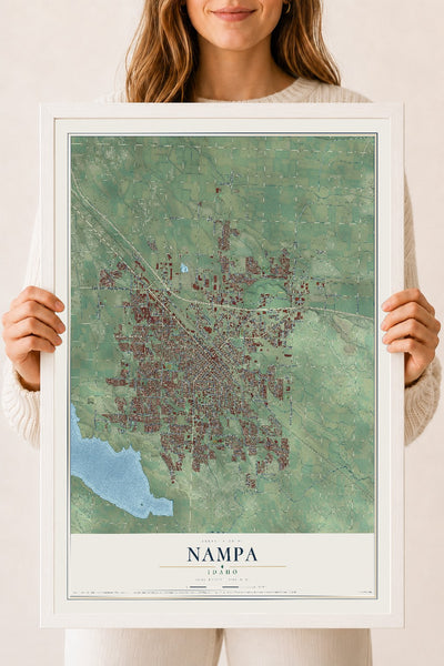 Map of Nampa, Idaho, 18 x 24 inch print in a white wood frame