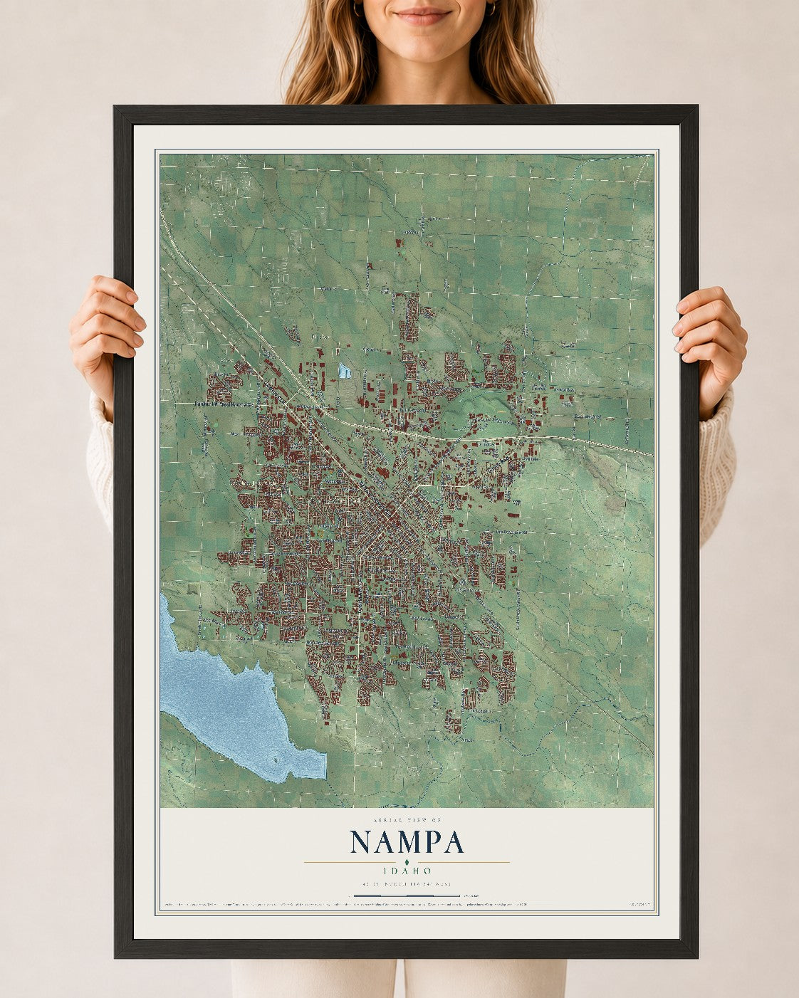Map of Nampa, Idaho, 24 x 36 inch print in a black wood frame