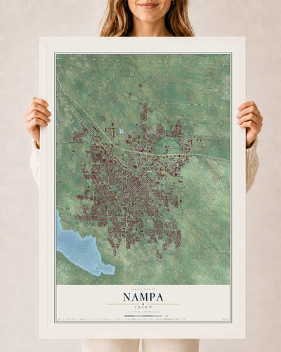 Map of Nampa, Idaho, 24 x 36 inch print in a white wood frame