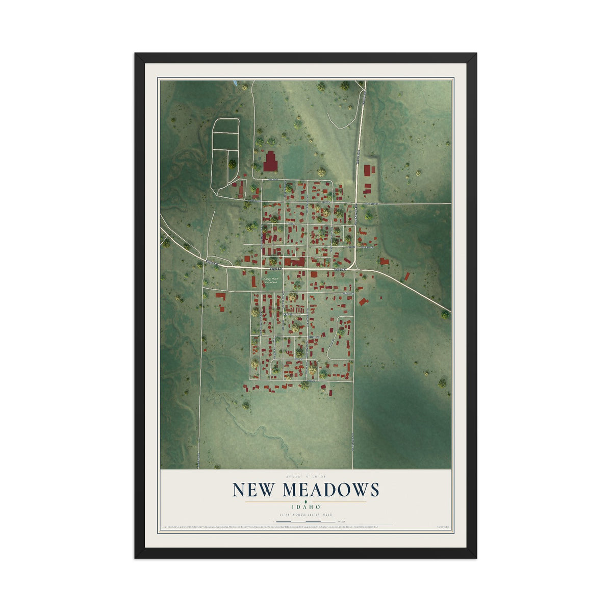 Map of New Meadows, Idaho, 12 x 18 inch print in a black wood frame