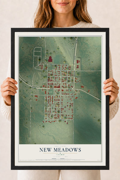 Map of New Meadows, Idaho, 18 x 24 inch print in a black wood frame
