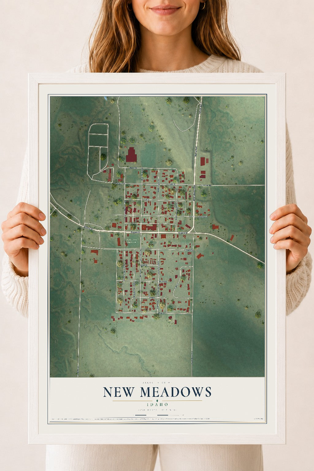 Map of New Meadows, Idaho, 18 x 24 inch print in a white wood frame