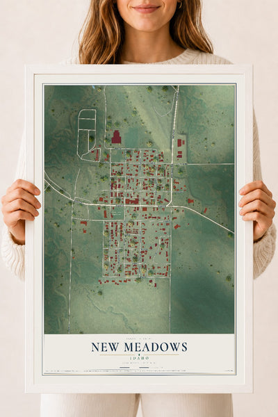 Map of New Meadows, Idaho, 18 x 24 inch print in a white wood frame