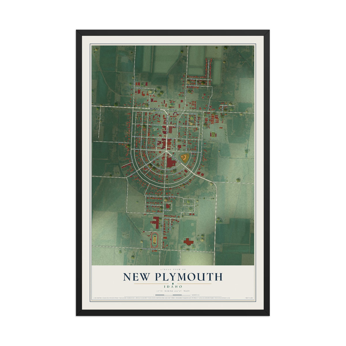 Map of New Plymouth, Idaho, 12 x 18 inch print in a black wood frame