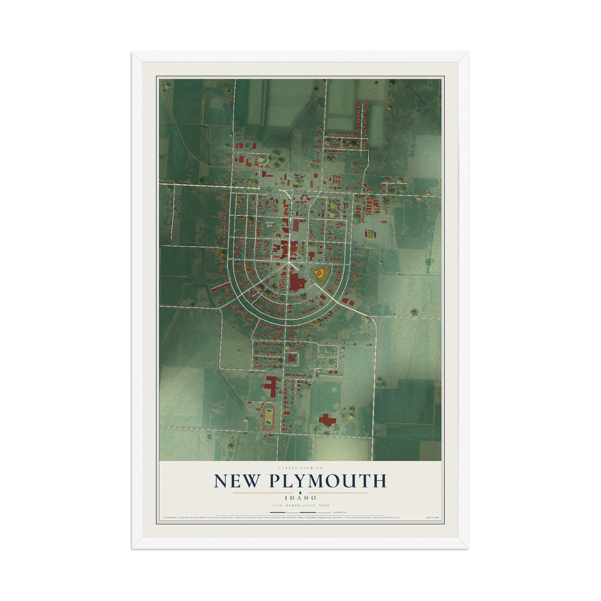 Map of New Plymouth, Idaho, 12 x 18 inch print in a white wood frame