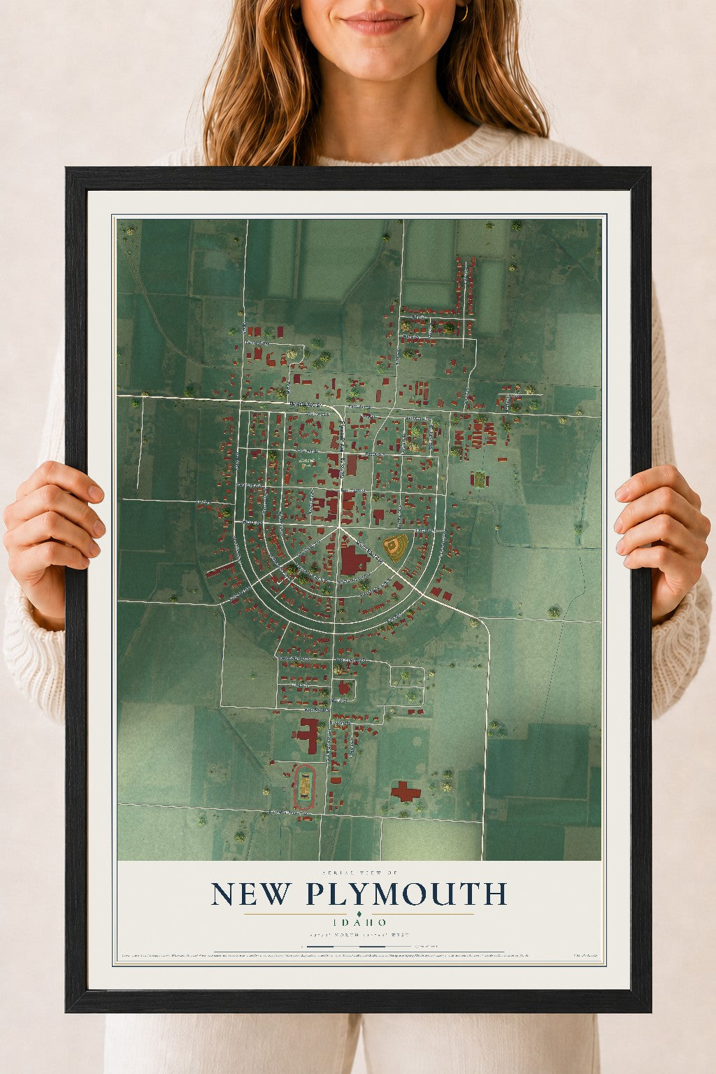 Map of New Plymouth, Idaho, 18 x 24 inch print in a black wood frame