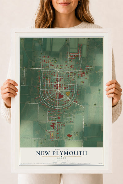Map of New Plymouth, Idaho, 18 x 24 inch print in a white wood frame