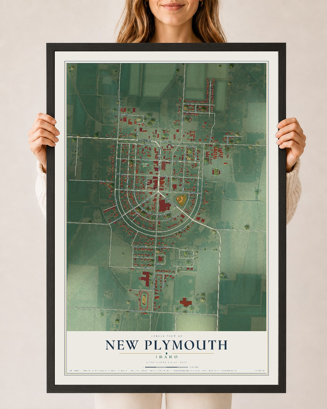Map of New Plymouth, Idaho, 24 x 36 inch print in a black wood frame