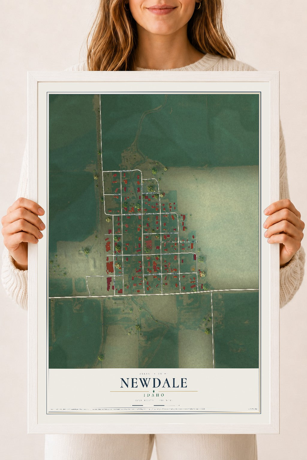 Map of Newdale, Idaho, 18 x 24 inch print in a white wood frame