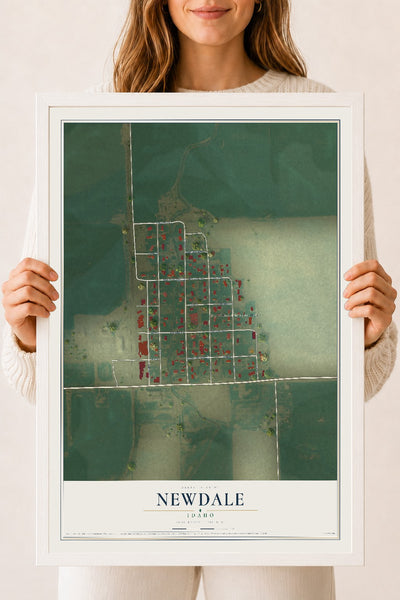 Map of Newdale, Idaho, 18 x 24 inch print in a white wood frame