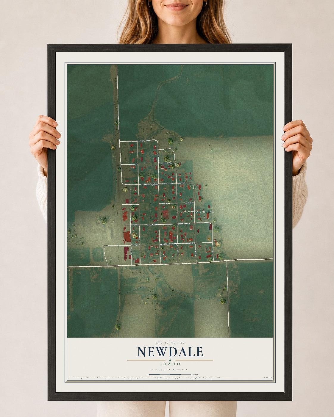 Map of Newdale, Idaho, 24 x 36 inch print in a black wood frame