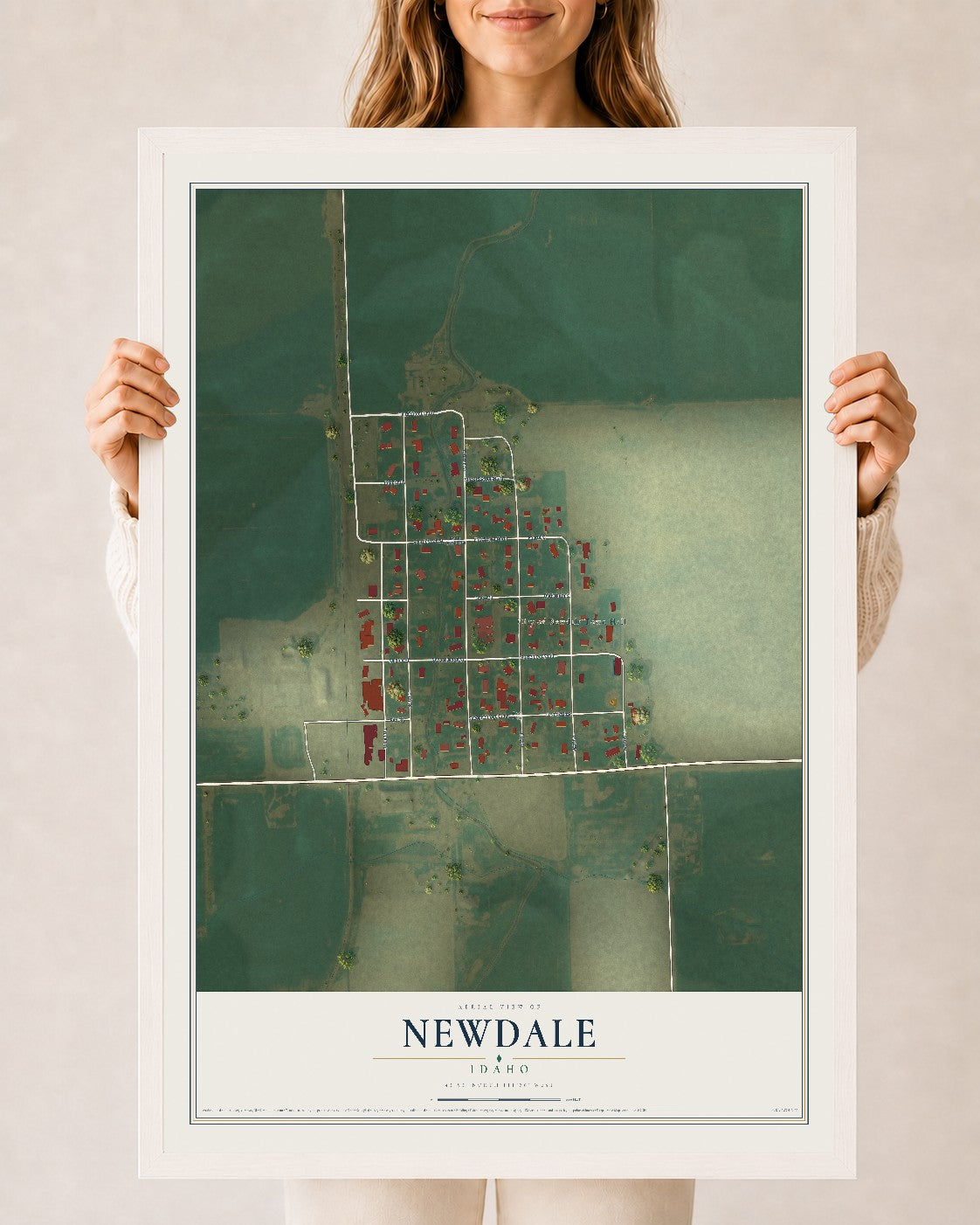 Map of Newdale, Idaho, 24 x 36 inch print in a white wood frame