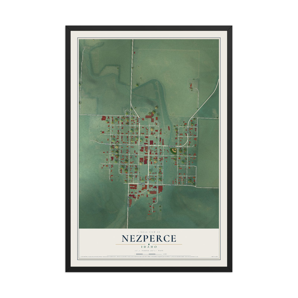 Map of Nezperce, Idaho, 12 x 18 inch print in a black wood frame