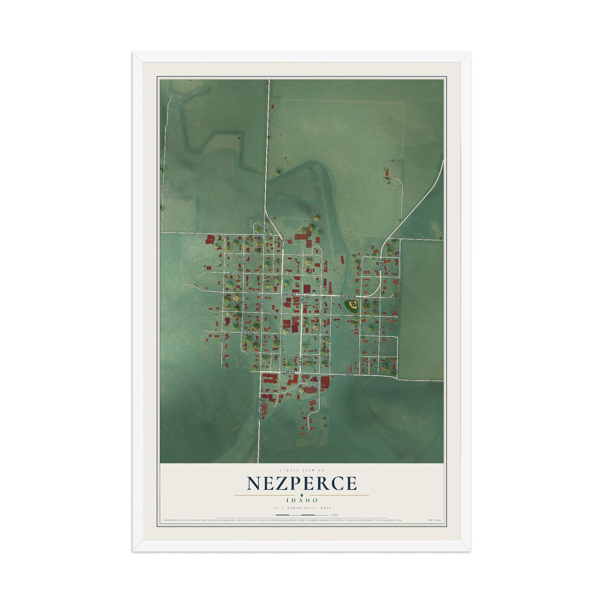 Map of Nezperce, Idaho, 12 x 18 inch print in a white wood frame