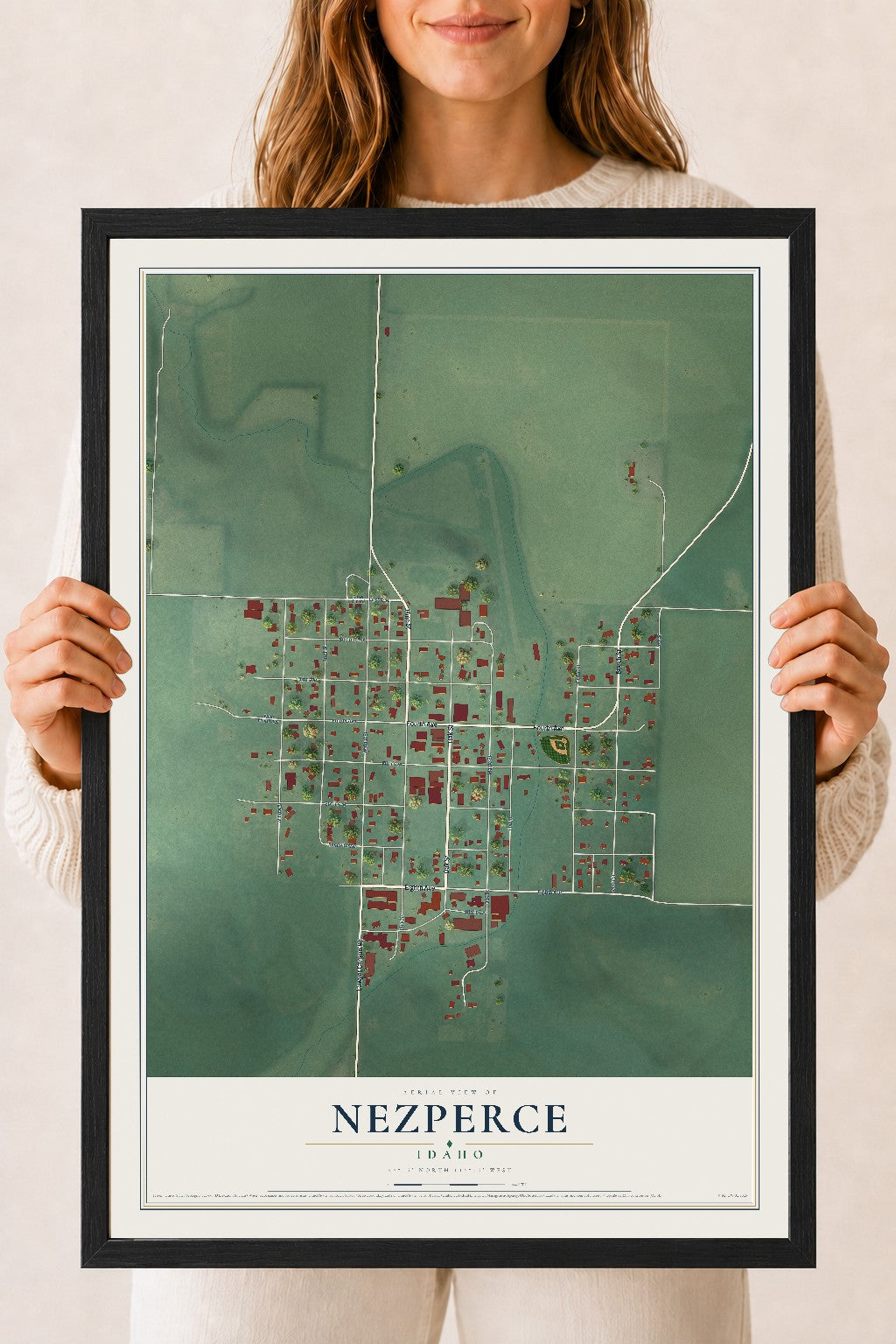 Map of Nezperce, Idaho, 18 x 24 inch print in a black wood frame
