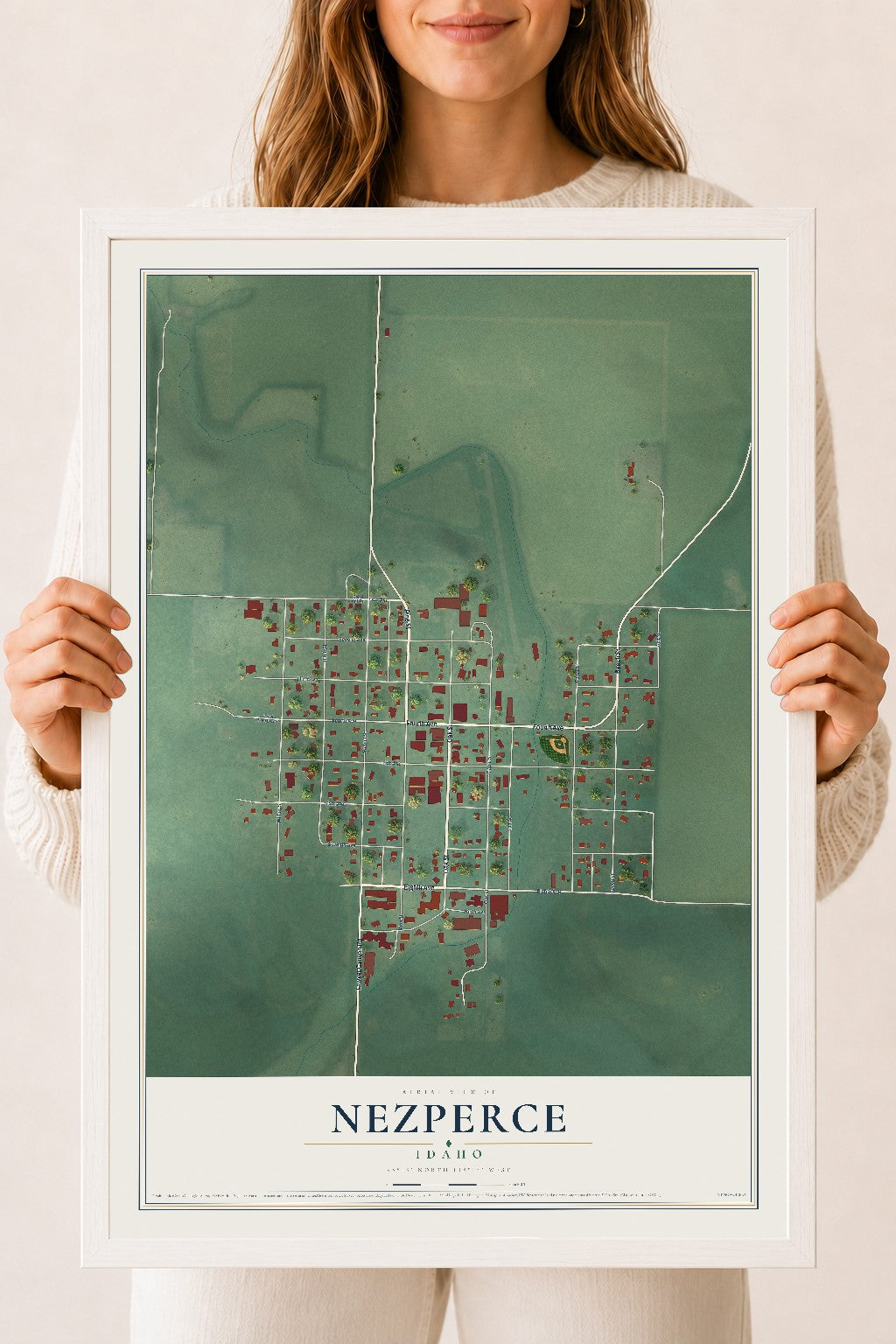 Map of Nezperce, Idaho, 18 x 24 inch print in a white wood frame