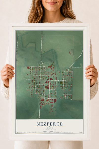 Map of Nezperce, Idaho, 18 x 24 inch print in a white wood frame