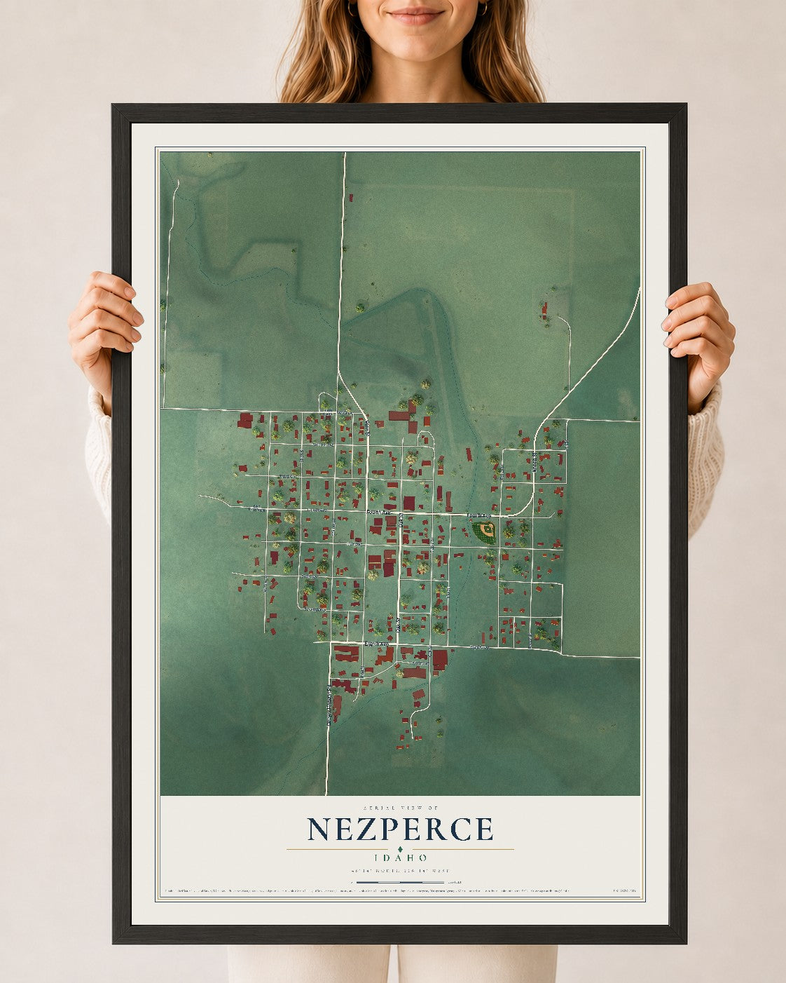 Map of Nezperce, Idaho, 24 x 36 inch print in a black wood frame