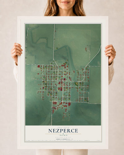 Map of Nezperce, Idaho, 24 x 36 inch print in a white wood frame