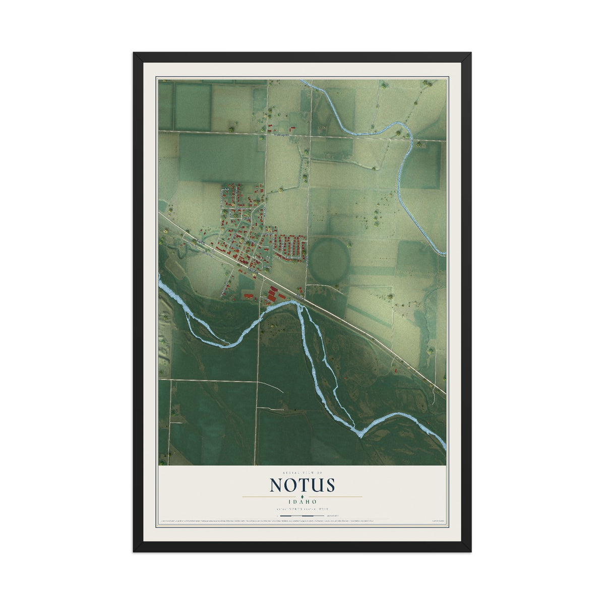 Map of Notus, Idaho, 12 x 18 inch print in a black wood frame