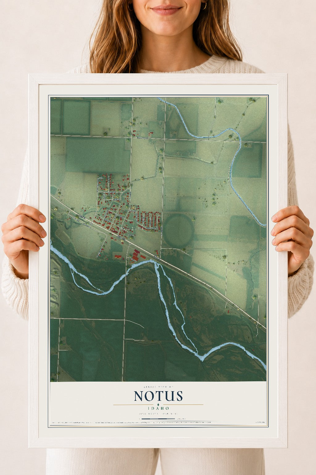 Map of Notus, Idaho, 18 x 24 inch print in a white wood frame