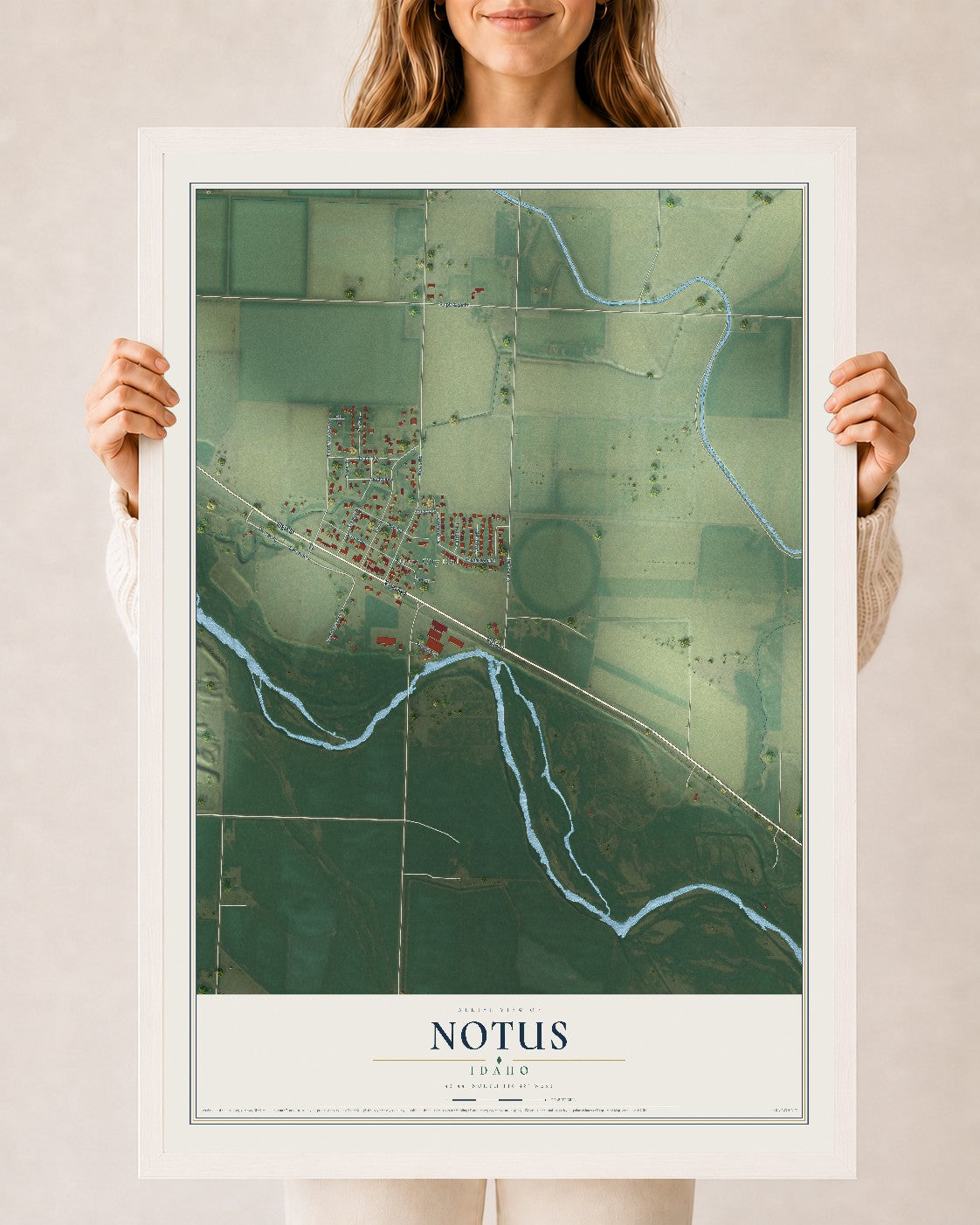 Map of Notus, Idaho, 24 x 36 inch print in a white wood frame