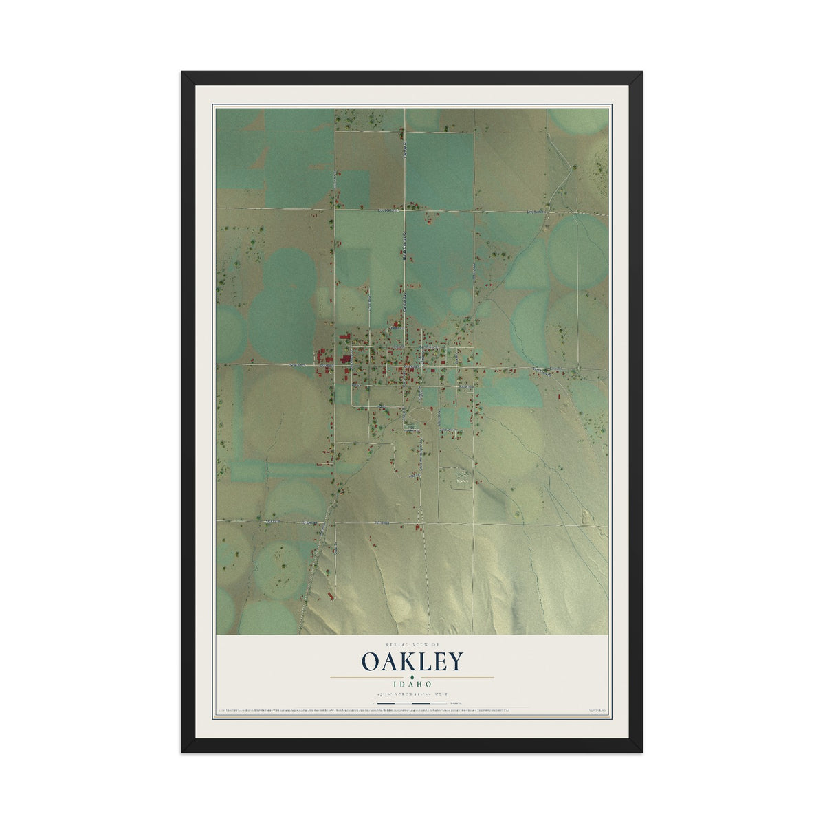 Map of Oakley, Idaho, 12 x 18 inch print in a black wood frame