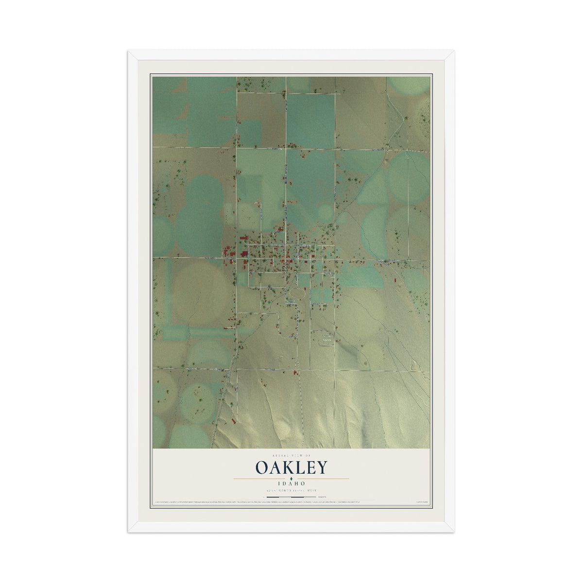 Map of Oakley, Idaho, 12 x 18 inch print in a white wood frame