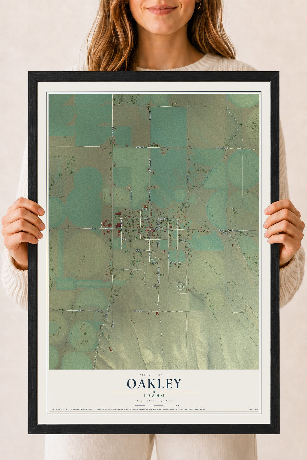 Map of Oakley, Idaho, 18 x 24 inch print in a black wood frame