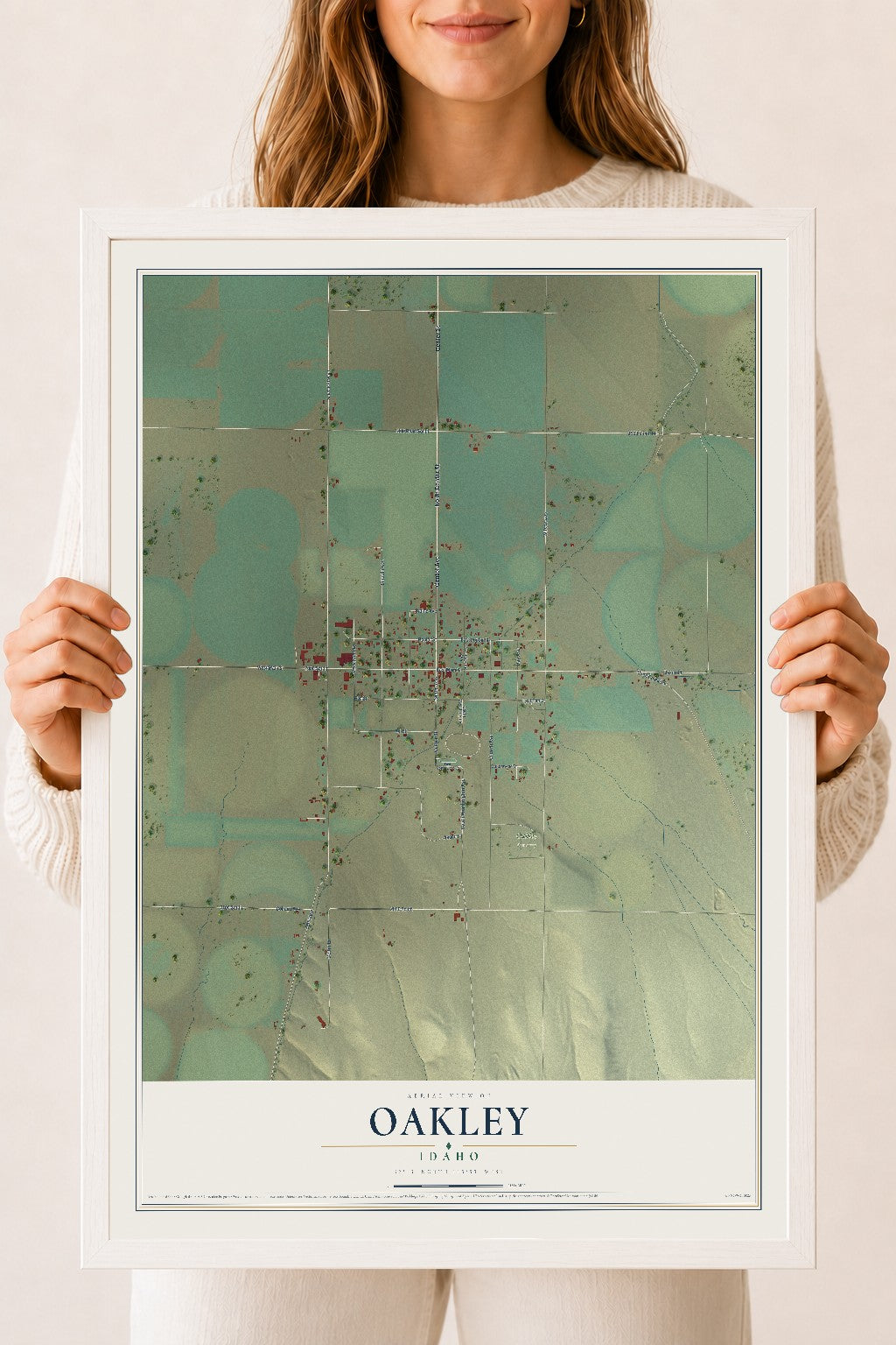 Map of Oakley, Idaho, 18 x 24 inch print in a white wood frame
