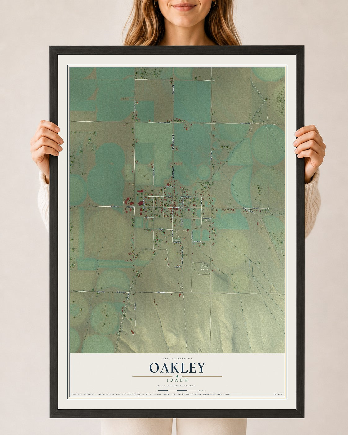 Map of Oakley, Idaho, 24 x 36 inch print in a black wood frame