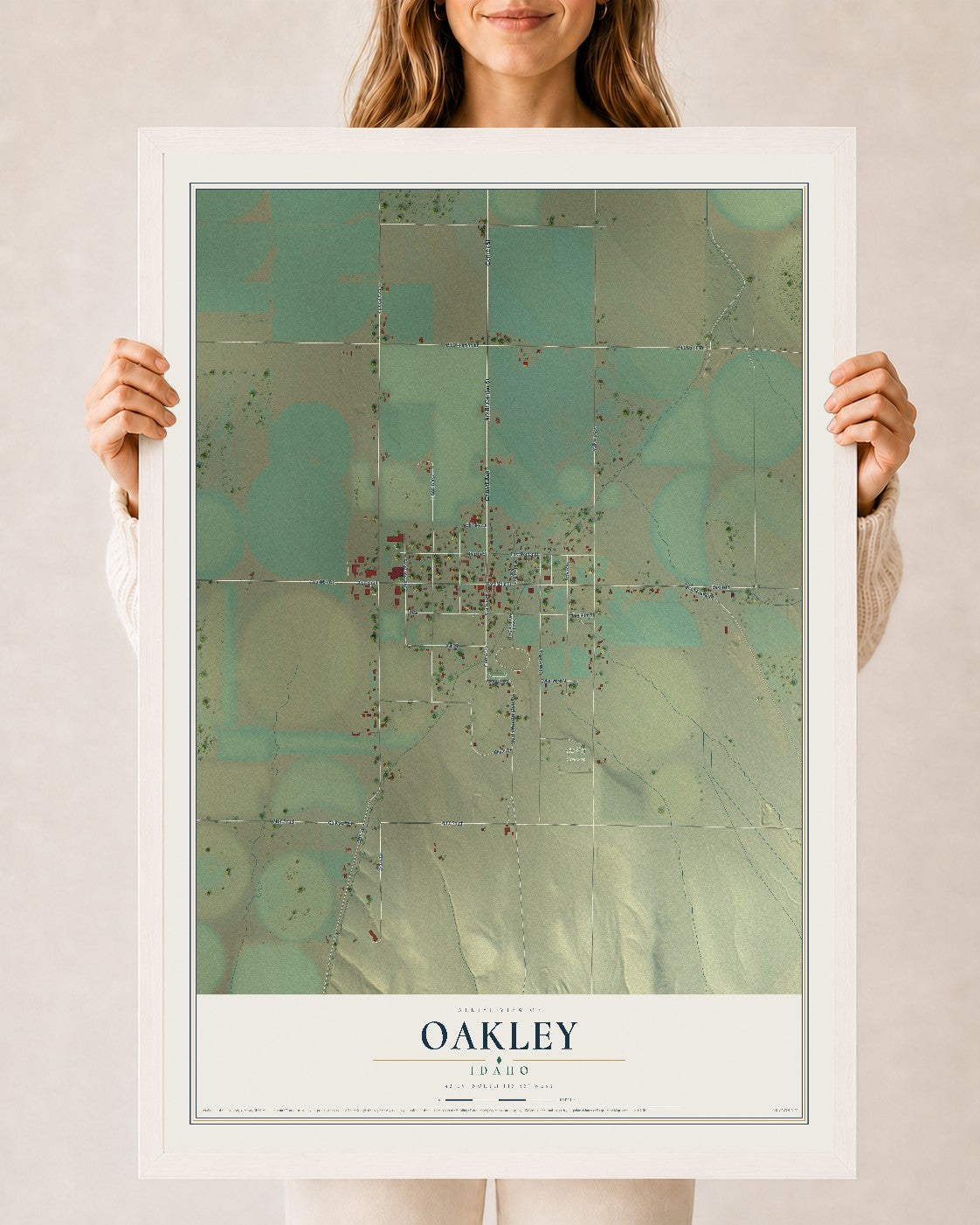 Map of Oakley, Idaho, 24 x 36 inch print in a white wood frame