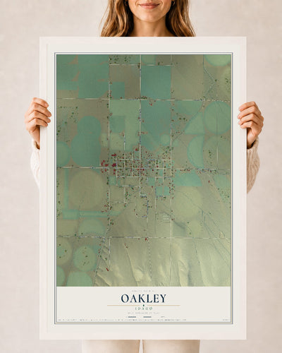 Map of Oakley, Idaho, 24 x 36 inch print in a white wood frame