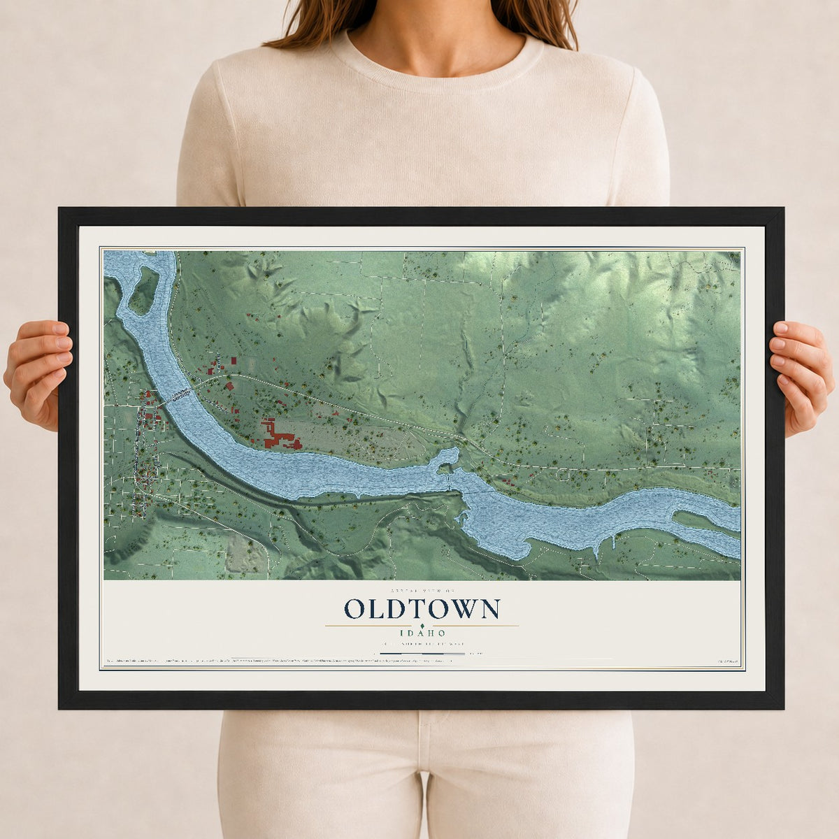 Map of Oldtown, Idaho, 12 x 18 inch print in a black wood frame