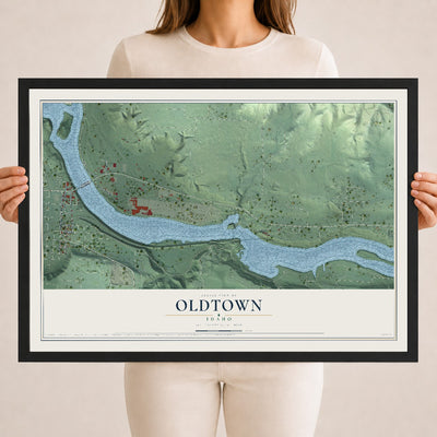 Map of Oldtown, Idaho, 18 x 24 inch print in a black wood frame