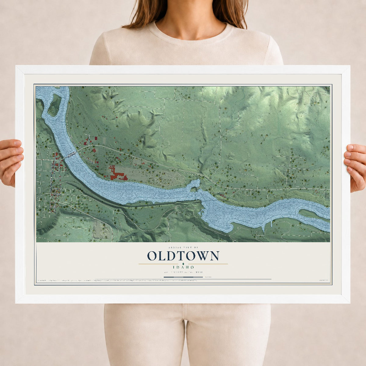 Map of Oldtown, Idaho, 18 x 24 inch print in a white wood frame